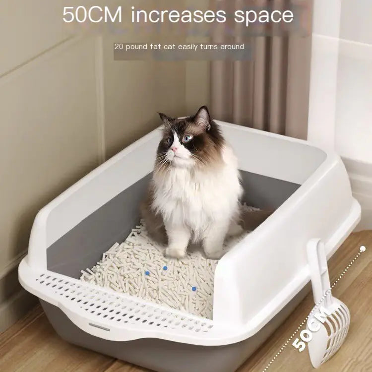Cat sitting in a large litter box with text indicating increased space for a 20-pound cat.