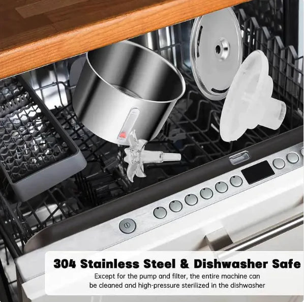 Dishwasher with a pot and other items inside, labeled '304 Stainless Steel & Dishwasher Safe'.