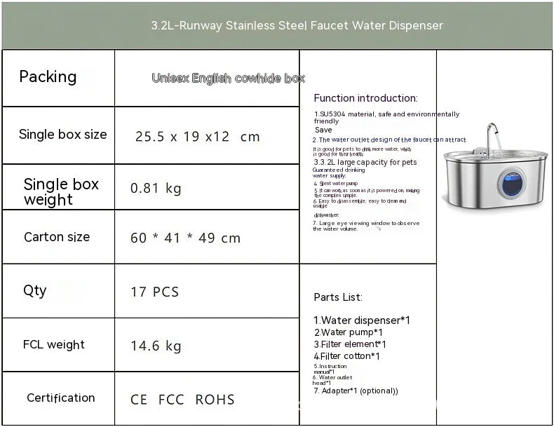 Stainless Steel 3.2 Litre Pet Water Dispenser