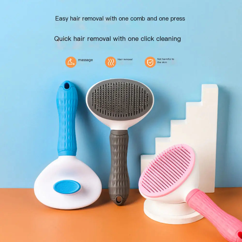 Set of pet grooming tools with text on a blue and orange background