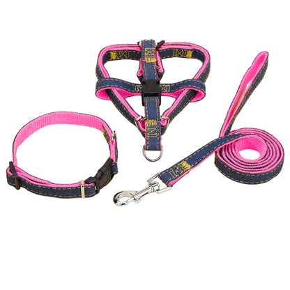 Dog collar, harness, and leash set with pink and blue design on a beige background