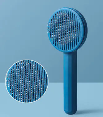 Blue pet grooming brush with close-up detail on a blue background